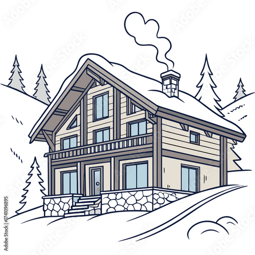 Snowy mountain chalet with smoke from chimney house
