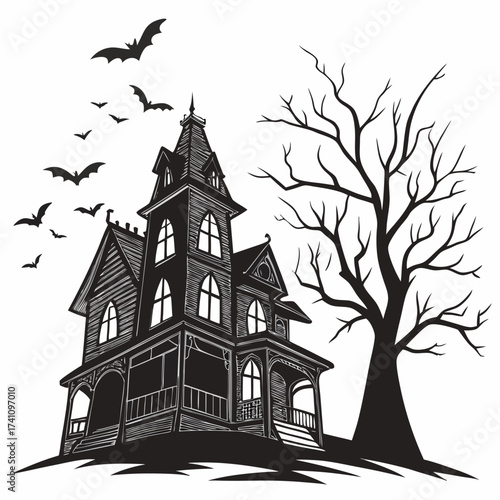 Spooky haunted house with bats and bare tree vector 2