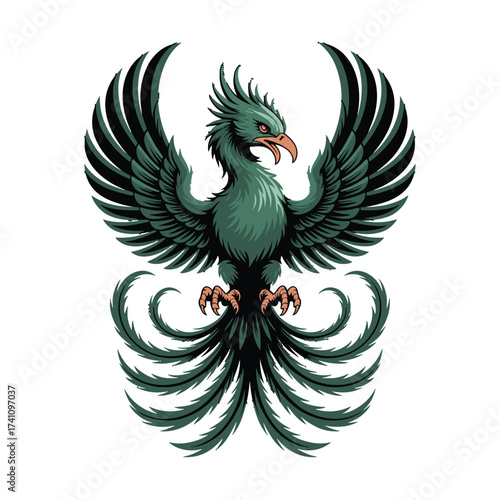 Powerful phoenix bird, mythological creature T-shirt Design. Legendary reborn animal symbol. Ancient rising spirit. Strong beast with wings
