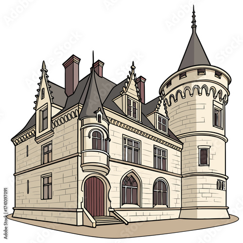 Stone castle building with turrets and pointed roofs