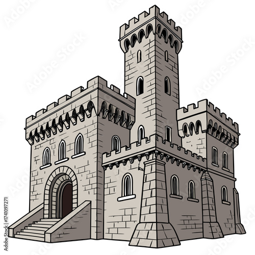 Stone medieval fortress with towers and arched windows