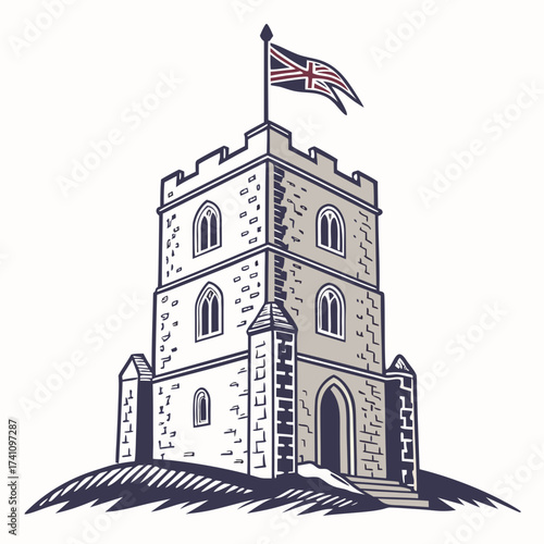 Stone tower house with Union Jack flag vector illustration