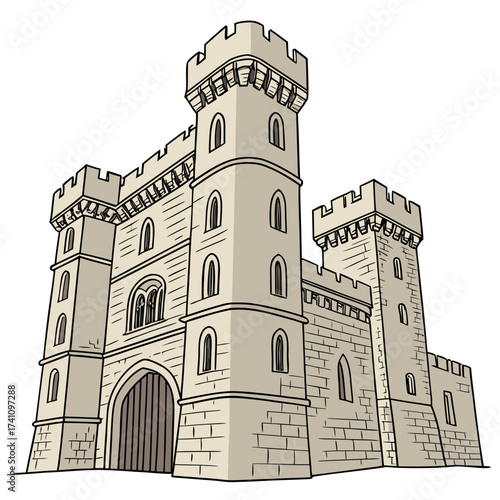 Stone medieval fortress with towers and gate castle