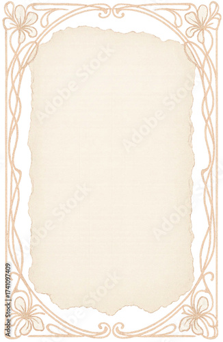 Elegant Art Nouveau floral frame with a vintage torn paper background for invitations or announcements