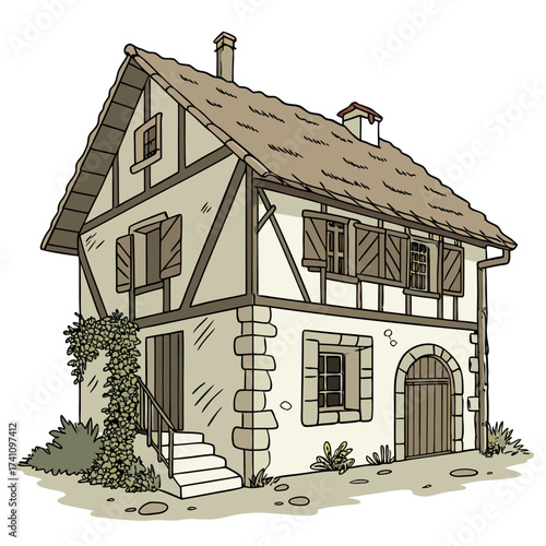 Timber framed European village house with stone accents