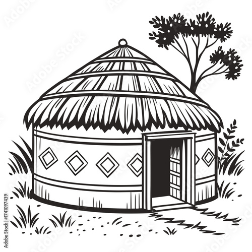 Traditional African hut with thatched roof and diamond pattern