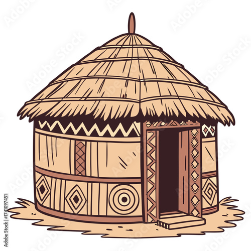 Traditional African hut with thatched roof and geometric patterns