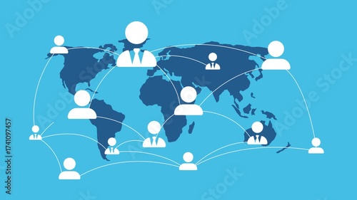 Animation of a global network with people icons connected over a world map