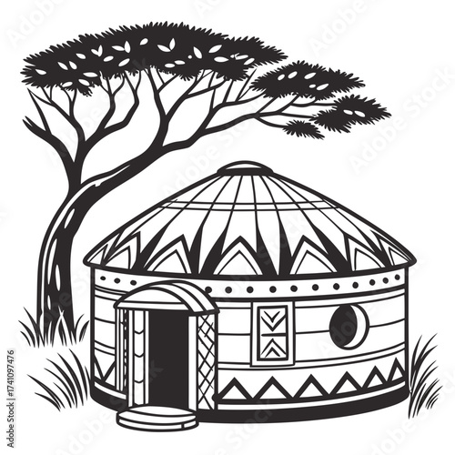 Traditional African round hut under acacia tree vector