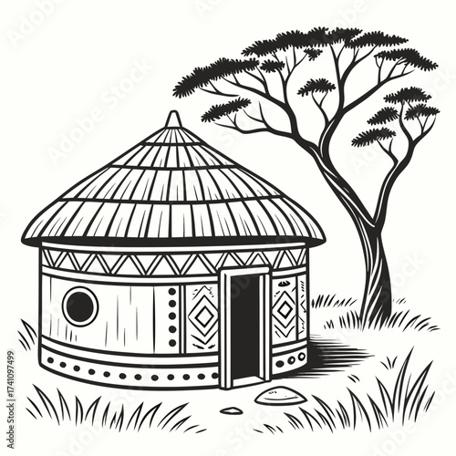 Traditional African round hut with thatched roof and acacia tree 1