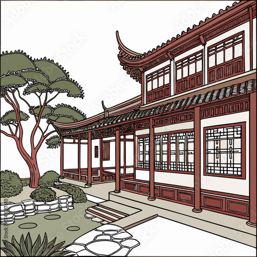 Traditional Chinese courtyard building with garden and tree 1