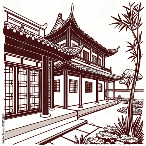 Traditional Chinese courtyard building with bamboo and garden
