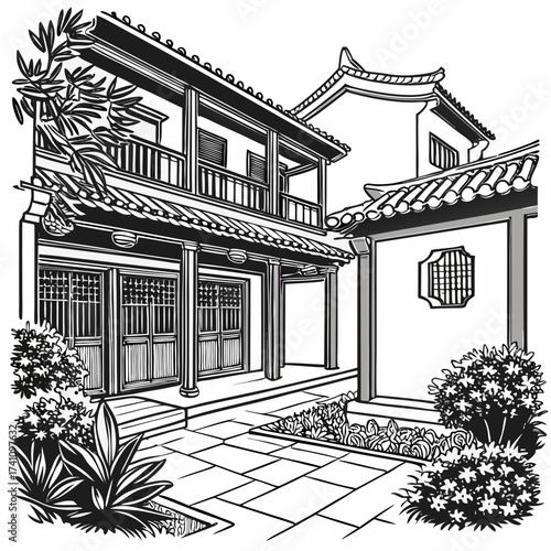 Traditional Chinese courtyard house with plants and tiled path