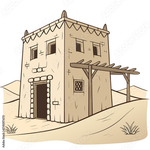 Traditional desert clay house with wooden pergola arabian house