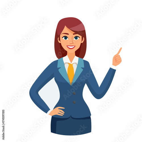 A business woman pointing at something with a smile, while she is wearing business suit. 