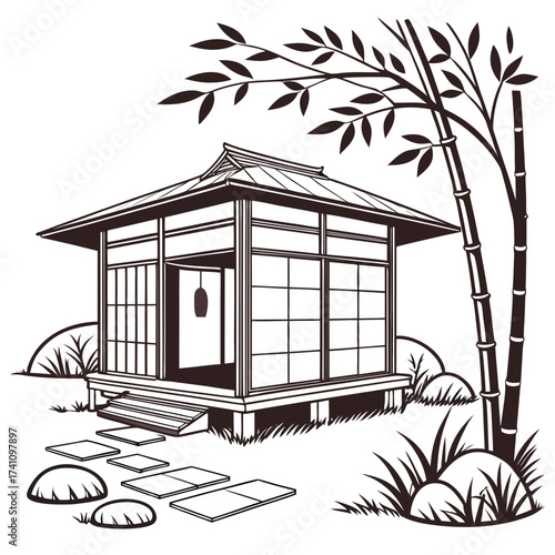 Traditional Japanese tea house with bamboo and stone path 1