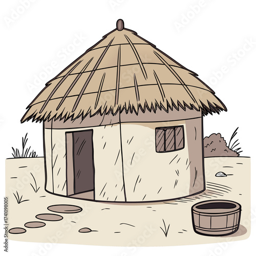 Traditional mud hut with thatched roof and wooden barrel