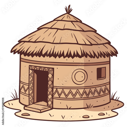 Traditional mud hut with thatched roof and tribal patterns
