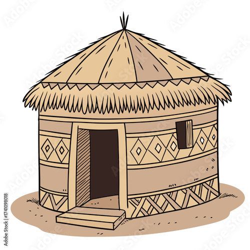 Traditional mud hut with thatched roof vector illustration