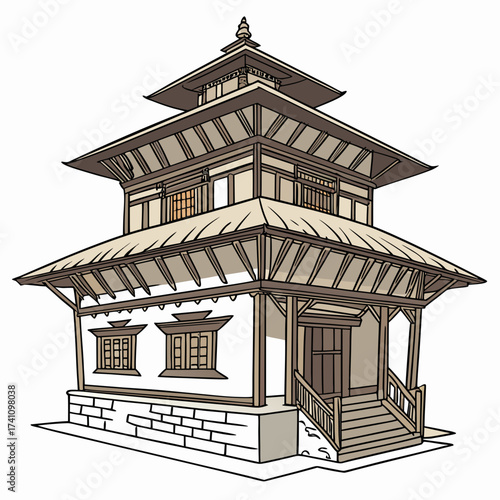 Traditional Nepali pagoda style building vector illustration