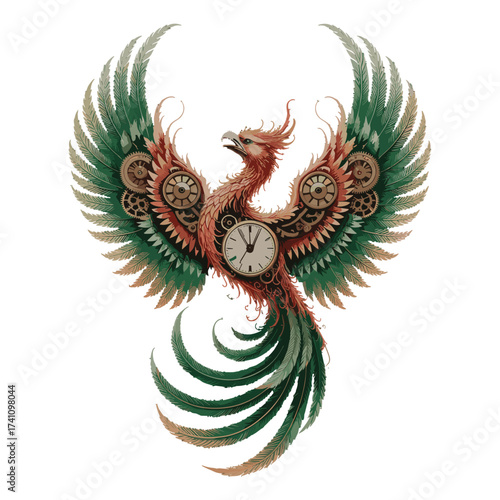 Intricate steampunk phoenix with clock mechanism body, ornate gears, and feathered wings, mythical creature symbolizing rebirth, T-shirt Design emblem, detailed illustration.
