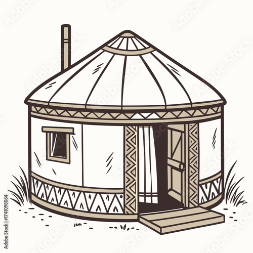 Traditional round hut with open door and window dwelling