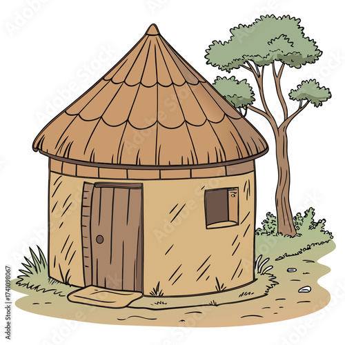 Traditional round clay hut with thatched roof and tree