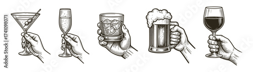 hands with bar drinks sketch icons , martini, champagne flute, whiskey glass, beer mug, wine