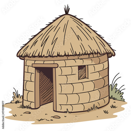 Traditional round mud hut with thatched roof and small window