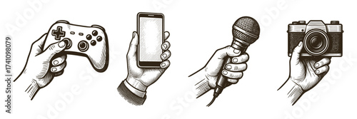 hands holding devices sketch icons, gamepad, smartphone, microphone, camera