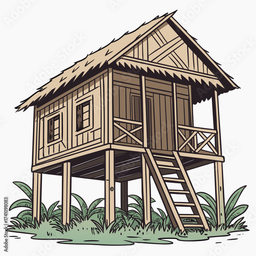 Traditional stilt house with thatched roof and wooden ladder