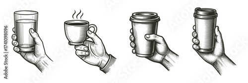 hands holding drinks sketch icons, coffee cup, takeaway, glass, toast