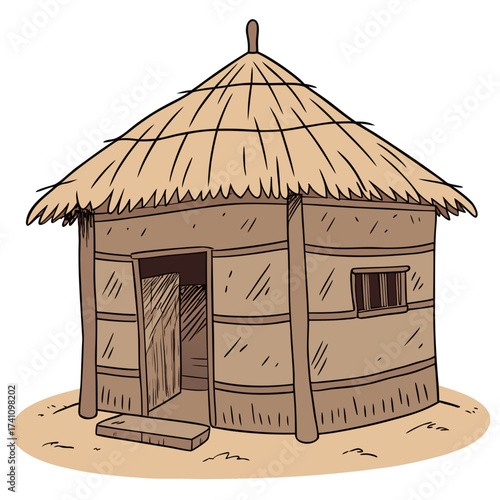 Traditional thatched roof clay hut with open door and window