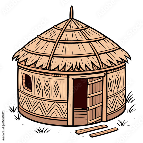 Traditional thatched round hut with tribal patterns