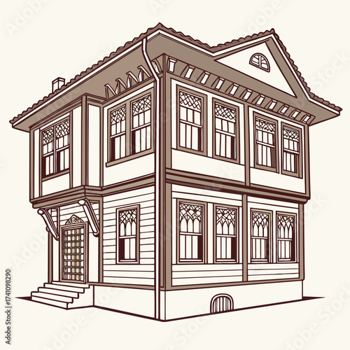 Traditional Turkish wooden house vector illustration 2