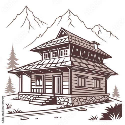Traditional wooden mountain house with stone foundation and pine trees