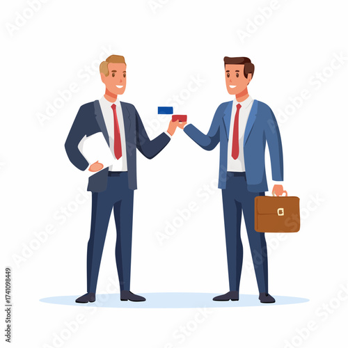Two businessmen in formal attire shaking hands and making a deal or a agreement with some cards in hand, symbolizing teamwork and partnership