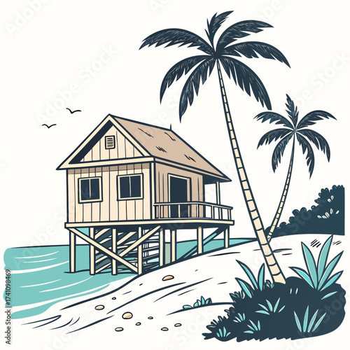 Tropical stilt house on beach with palm trees and ocean