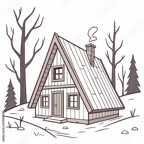 Triangular wooden house with chimney smoke in winter landscape