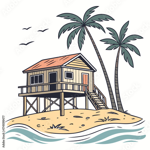 Tropical stilt house on sandy island with palm trees and ocean