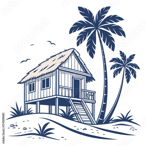 Tropical stilt house with palm trees and beach scene