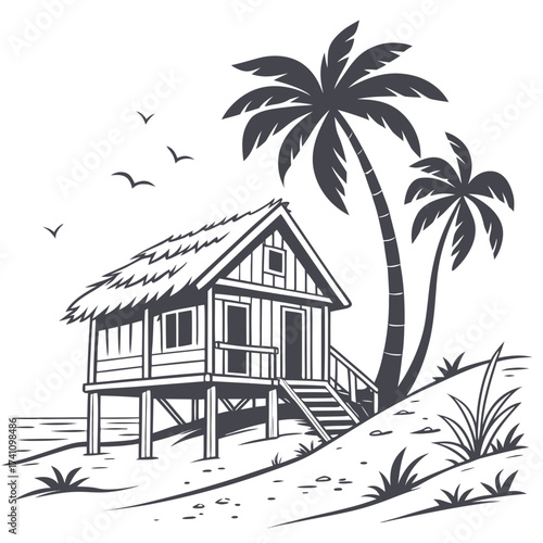 Tropical stilt house with palm trees and birds on beach