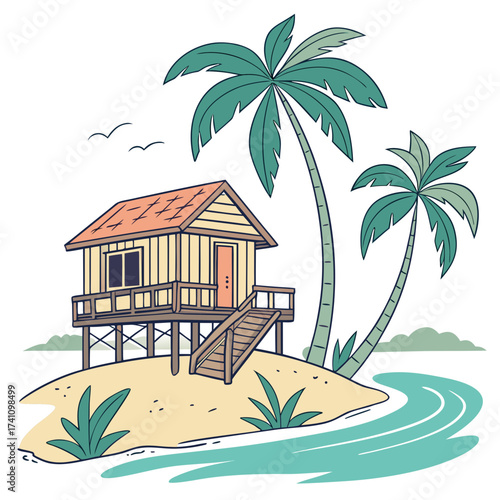 Tropical stilt house with palm trees and ocean beach