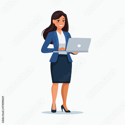 A businesswoman holding and working on a laptop