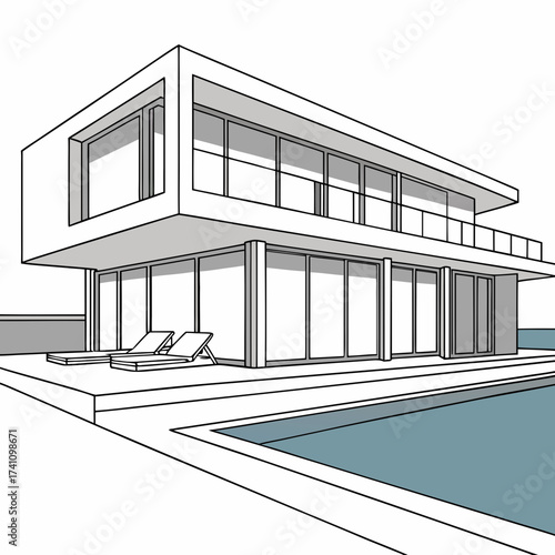 Two story glass house with infinity pool and lounge chairs