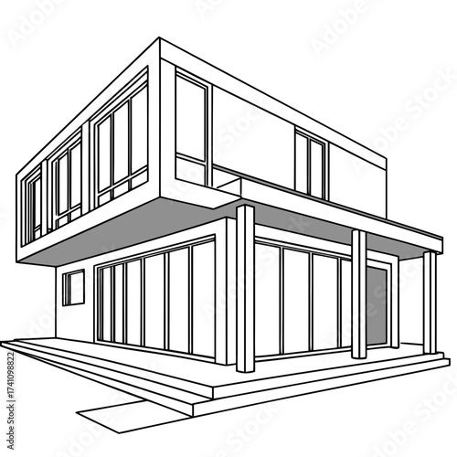 Two story minimalist box house with large windows and porch