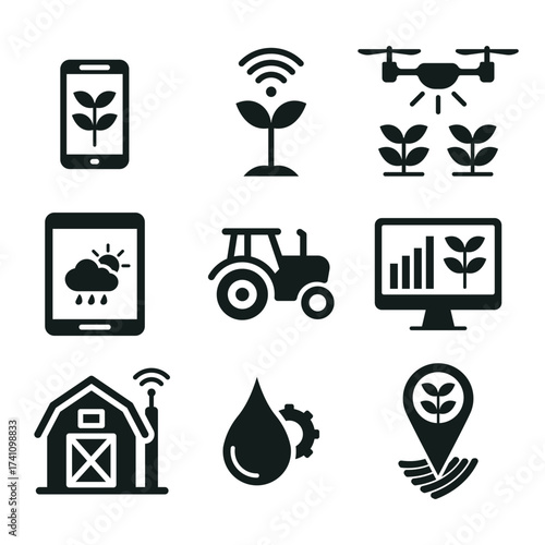 Set of modern smart farming and agriculture technology icons including drone, tractor, weather app, irrigation, and data analysis