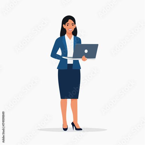 A businesswoman elegantly holding a laptop, exuding confidence and professionalism