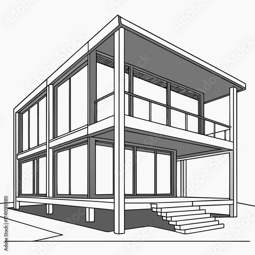 Two story modern house with large windows and balcony