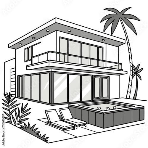 Two story villa with jacuzzi and palm trees vector